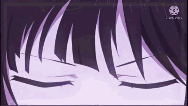 a close up of a person 's face with purple hair and a purple background .