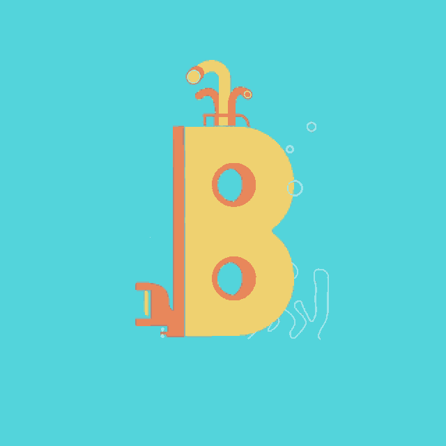 an illustration of a yellow submarine with the letter b on a blue background