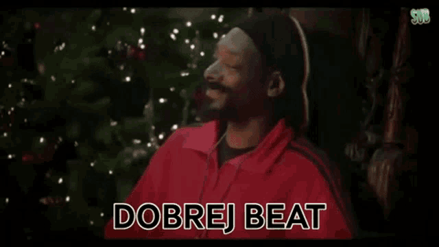 a man in a red jacket is standing in front of a christmas tree and says dobrej beat .