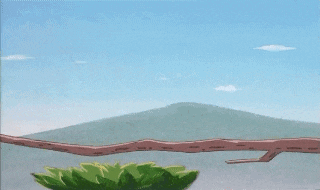 a cartoon character walking on a tree branch with mountains in the background