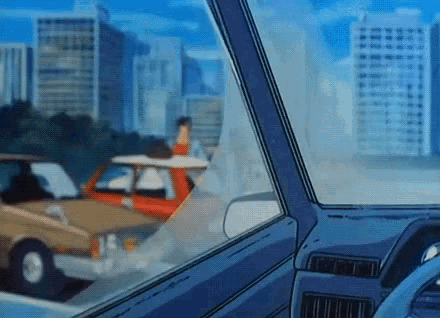 a cartoon drawing of a car driving down a highway with a city in the background