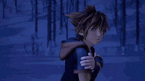 sora from kingdom hearts is holding a sword in his hand in a dark forest .