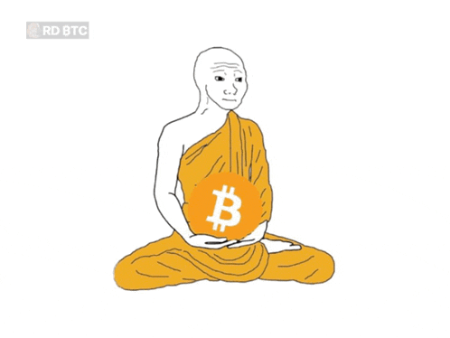 a drawing of a monk holding a bitcoin in his lap