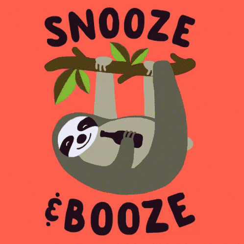 an illustration of a sloth hanging from a tree branch with the words snooze booze below it