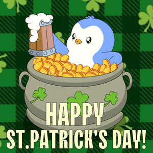 a happy st. patrick 's day greeting card with a penguin in a pot of gold holding a beer