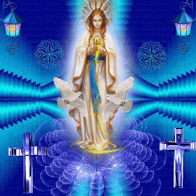 a painting of a woman surrounded by doves and crosses with a blue background
