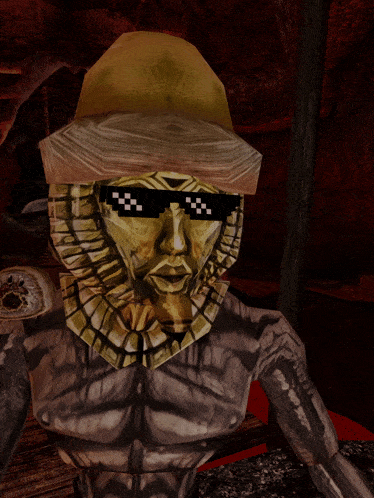 a statue of a man wearing sunglasses and a hat looks like a cartoon character