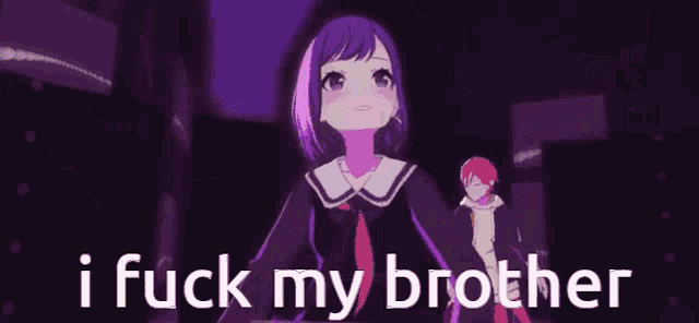 a girl with purple hair is covering her face with her hand and the words i fuck my brother