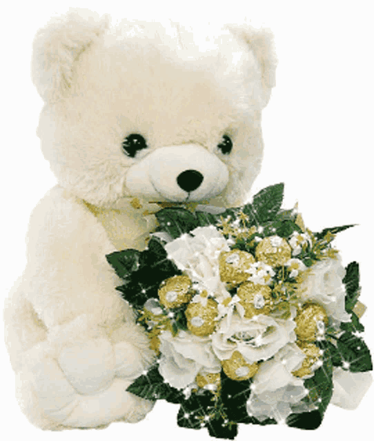 a teddy bear is holding a bouquet of flowers and chocolates