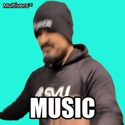 a man wearing a beanie and a black hoodie with the word music on it