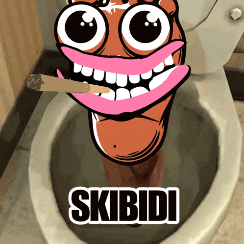 a cartoon of a person smoking a cigarette next to a toilet with skibidi written on the bottom