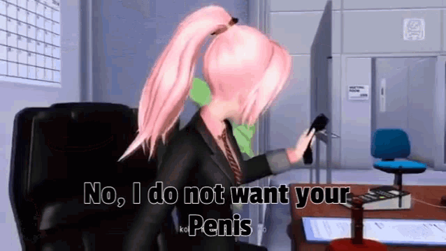 a girl with pink hair is sitting at a desk holding a phone and says no i do not want your penis