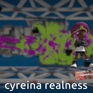 a cartoon character is standing on a stage with a sign that says ' cyreina realness '