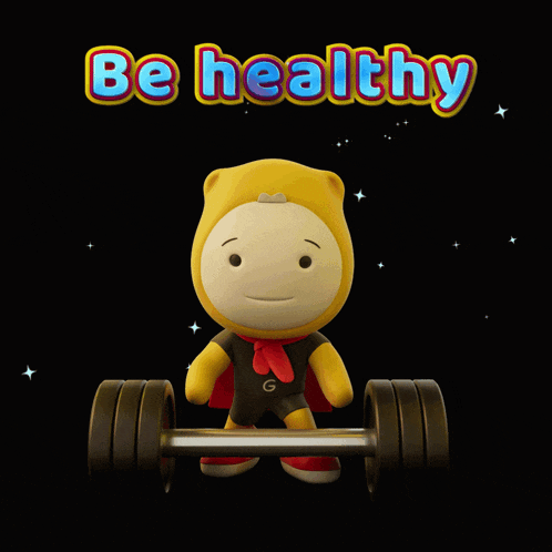 a cartoon character is holding a barbell with the words be healthy behind him