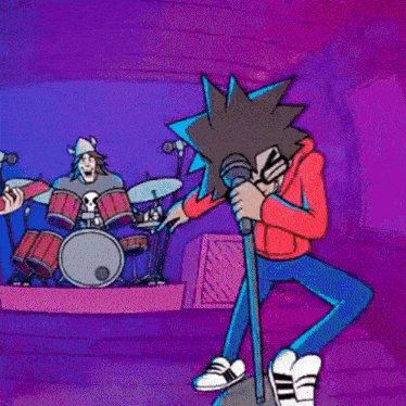 a cartoon character is singing into a microphone with a drummer behind him