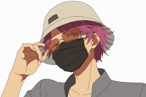 a man with purple hair wearing a hat and a black mask