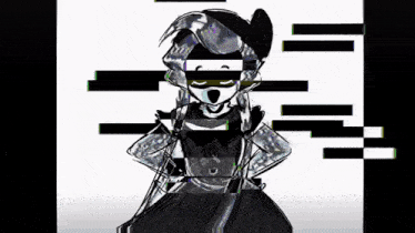 a black and white drawing of a girl in a black dress with a glitch effect .