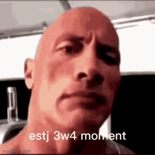 a close up of a bald man 's face with the words estj 3w4 moment written on the bottom
