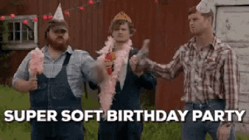 three men wearing party hats and overalls are standing in front of a red barn with the words super soft birthday party written above them