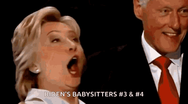 a man and a woman are standing next to each other with the woman saying biden 's babysitters # 3 & # 4
