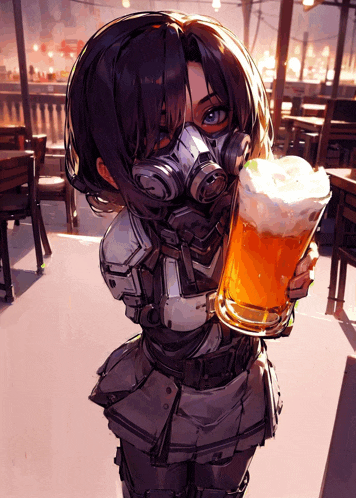 a woman wearing a gas mask holds a glass of beer