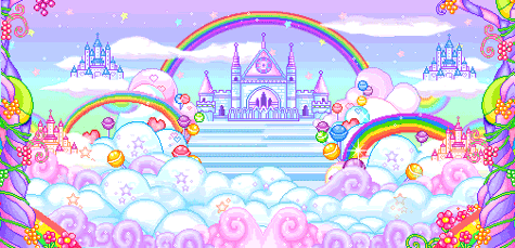 a pixel art of a castle in the clouds with a rainbow in the background