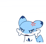 a cartoon drawing of a blue and white fox with an angry face .