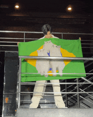 a man is holding a flag with three cats on it