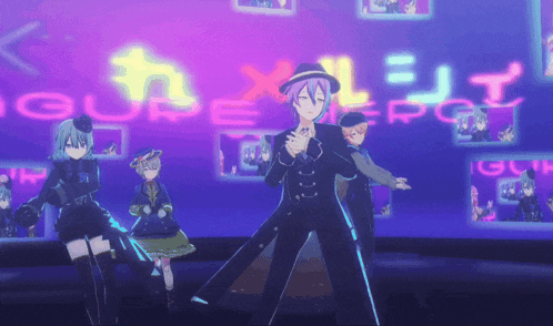 a group of anime characters dancing in front of a neon sign that says gure