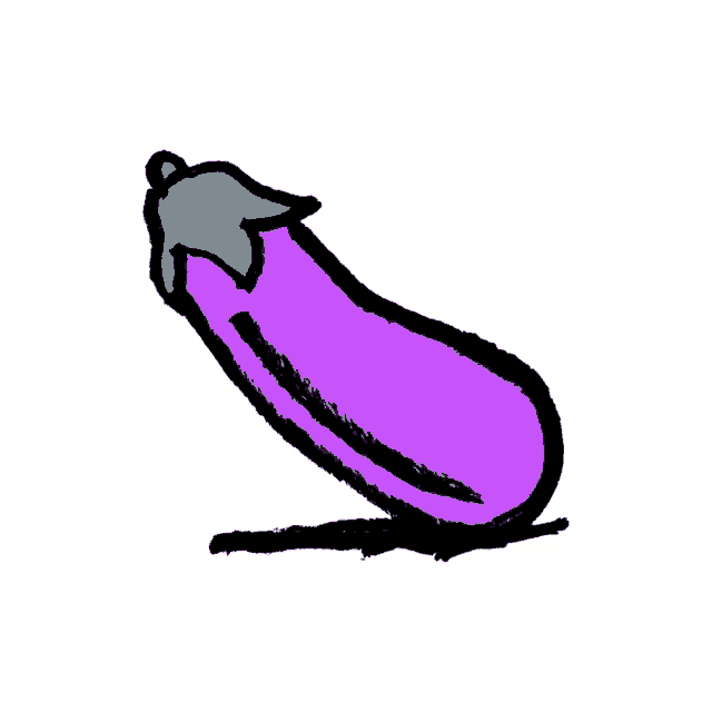 a cartoon drawing of a purple eggplant with a green leaf .