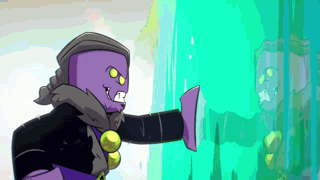 a cartoon character with a purple head and yellow eyes is standing in front of a green wall