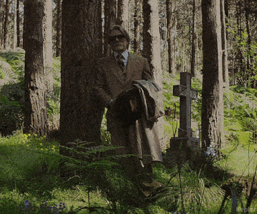 a man in a suit and tie is standing in the woods near a grave