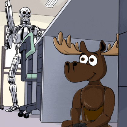 a cartoon of a moose sitting in a cubicle with a robot standing behind it