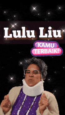 a woman wearing glasses and a neck brace stands in front of a lulu liu logo