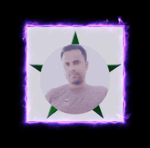 a picture of a man in a circle with a green star in the middle
