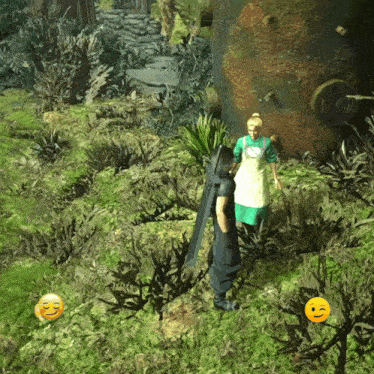 a man and a woman are standing in a grassy area with a yellow smiley face in the foreground