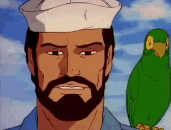 a cartoon of a man with a beard and a green parrot on his shoulder