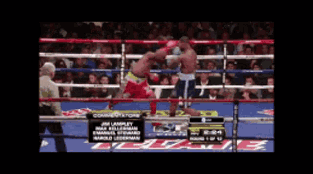 two boxers in a ring with a scoreboard that says 2:54