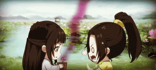 a couple of anime characters standing next to each other one of them holding a flower