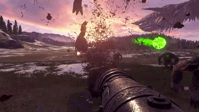 a screenshot of a video game with a green flame coming out of a gun