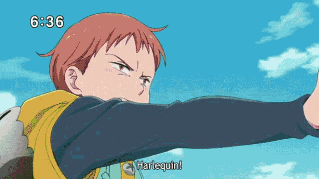a cartoon character says harlequin in front of a blue sky with the time 6:36