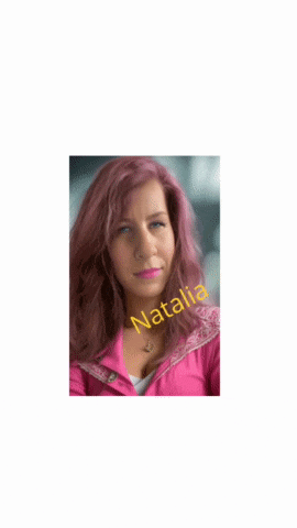 a woman with pink hair and the name natalia written on her face