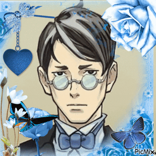 a man with glasses and a bow tie is surrounded by blue butterflies and flowers