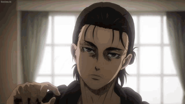 a close up of a person 's face with a window in the background and a screen that says sanime.tv