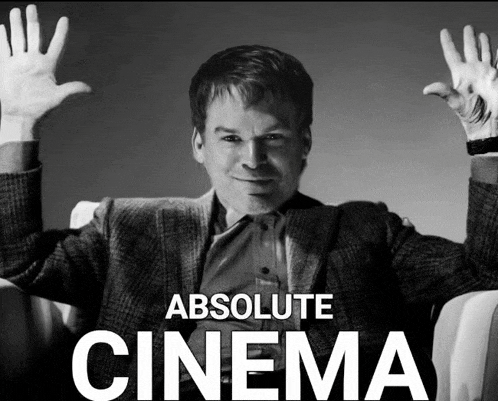 a black and white photo of a man with his hands in the air and the words absolute cinema behind him