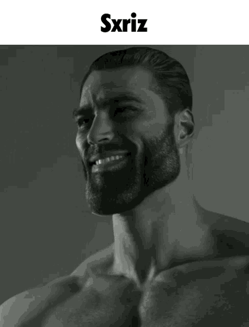 a man with a beard is smiling in a black and white photo with the name sxriz below him