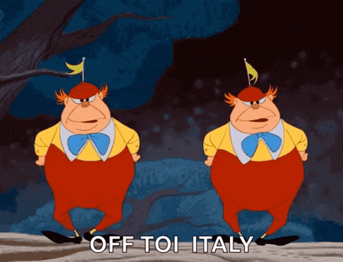 two cartoon characters are standing next to each other with the words off to italy written below them