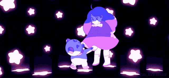 a cartoon drawing of a girl holding a cat 's hand with galaxy-warp written below it