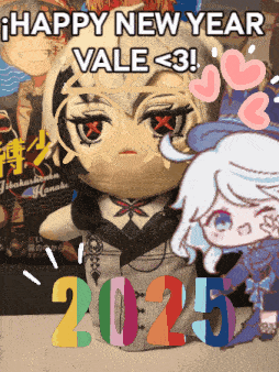 a stuffed animal says happy new year vale < 3 and 2025