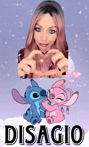 a girl making a heart with her hands next to a stitch and angel